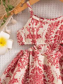 Baby Girls' Vacation Style Spaghetti Strap Hollow Out Dress - Pink - View 7