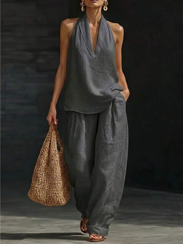 Women'S Summer Halter 2pcs Set 2026 New Retro Pure Set Popular Straight Casual Pants Women'S Set