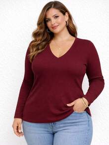 Long Sleeve Winter Blouse V Neck Ribbed Ribbed Simple Casual Everyday - Burgundy - View 10