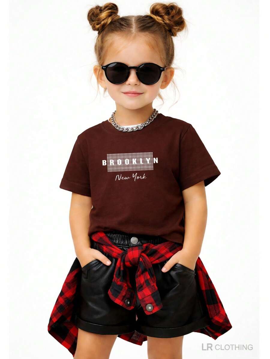 Camiseta Infantil Menina Brooklyn New York Unissex 100% Algodão Juvenil Criança Bebê Conforto Diário Passeio Estiloso Escola - Marrom - Visão 1