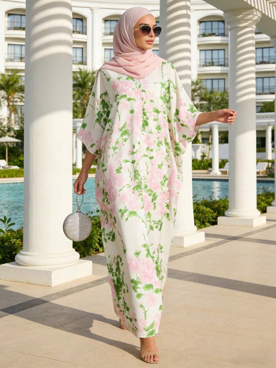 1pc Floral Print Button Down Long Robe, Suitable For Holiday, Vacation, Daily Wear, Summer - White Robe - White - View 1