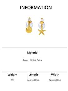 1 Pair Asymmetric Four-Leaf Clover, Pentagram, Pearl, Seashell Pendant Earrings, Fashion Design Adjustable Earrings, Summer Beach Style Jewelry Gift For Women - Yellow Gold - View 6
