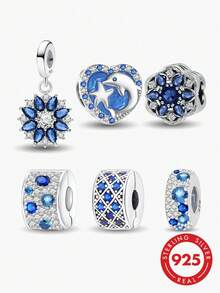 1pc 925 Sterling Silver Blue Fully Paved Crystal Ocean Theme Beads, Suitable For Women Bracelet, Bangle DIY Jewelry Making And Daily Accessories, Suitable For Girls Wear - Silver - View 1