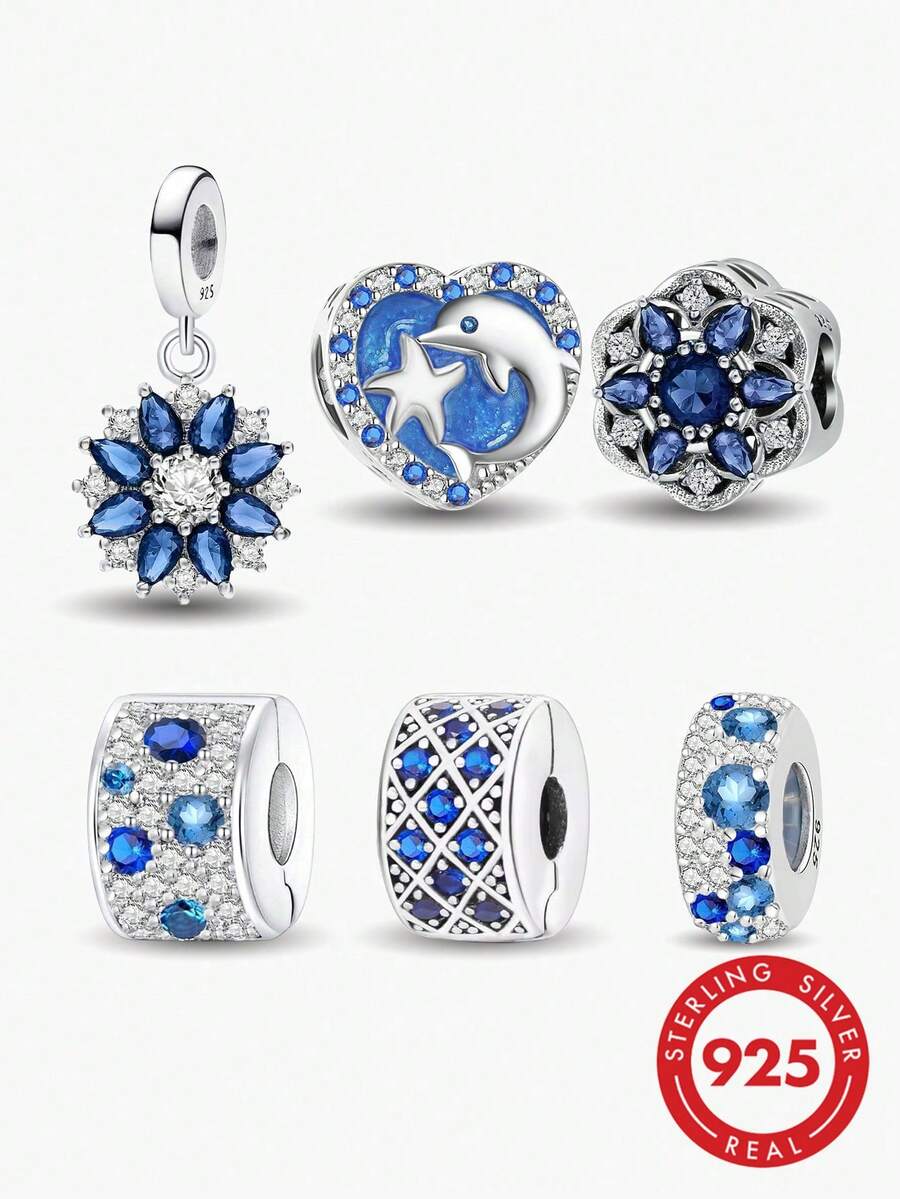 1pc 925 Sterling Silver Blue Fully Paved Crystal Ocean Theme Beads, Suitable For Women Bracelet, Bangle DIY Jewelry Making And Daily Accessories, Suitable For Girls Wear - Silver - View 1