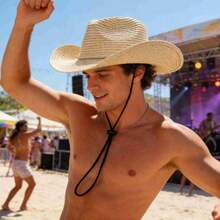 Hollow Western Cowboy Hat Combines Straw Material With Retro Design.It Has A Wide Brim And A Classic Hat Shape.It Has Both Sun Protection And Style.It Is Suitable For Summer Travel, Beach Parties Or Theme Activities, Showing The Free And Unrestrained Western Style And Personality Declaration. - 淺褐色的 - 查看 13