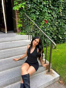 Women Summer Two Piece Outfits Shorts Set Polka Dots Print Halter Deep V Neck 3D Flower Crop Tank Top + Matching Shorts Set Slim Fitted Jumpsuit Party Clubwear Beachwear Y2K Streetwear - 黑色羈扣 - 查看 7