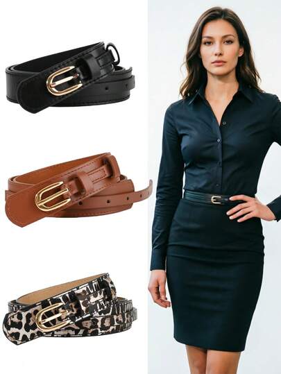 Thắt lưng nữ màu trơn họa tiết da báo với khóa vàng, phù hợp với váy và quần.