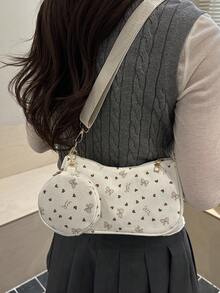 Juego de 2 piezas de bolso bandolera con patrón de flor de cerezo, bolso cuadrado mini con patrón geométrico para el Día de San Valentín con monedero, bolso cuadrado con patrón vintage de Body completo - Blanco - Ver 2