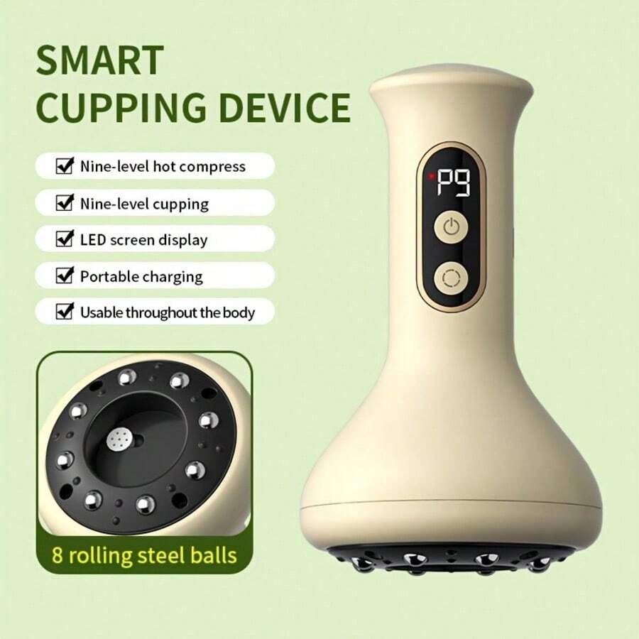 This Electric Gua Sha And Cupping Device Combines Gua Sha, Cupping, And Massage In One. It's USB Rechargeable, Features 9 Heating Levels, A Sliding Ball Bearing, And An LCD Display. Suitable For Home Massage, It Can Be Used On The Back, Arms, And Legs. A Great Gift Option. 1000 MAh Battery - 淺黃 - 查看 1