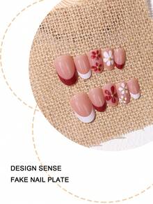24 piezas de uñas postizas con forma de almendra, con flores rojas y blancas, adecuadas para salidas de primavera/verano, uñas falsas pintadas a mano para niñas dulces - Multicolor - Ver 5