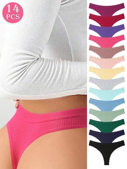 14 pièces Culottes tanga en coton côtelé multicolores sexy pour femmes, sous-vêtements minimalistes confortables et souples, sans couture et agréables à la peau