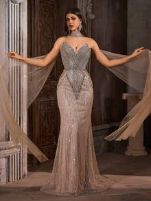 Luxury Champagne Gold Sequin Mermaid Evening Dress With Long Sheer Shawl, Shiny V-Neck Formal Maxi Gown With Back Tie Design Party Wedding - Apricot - View 2