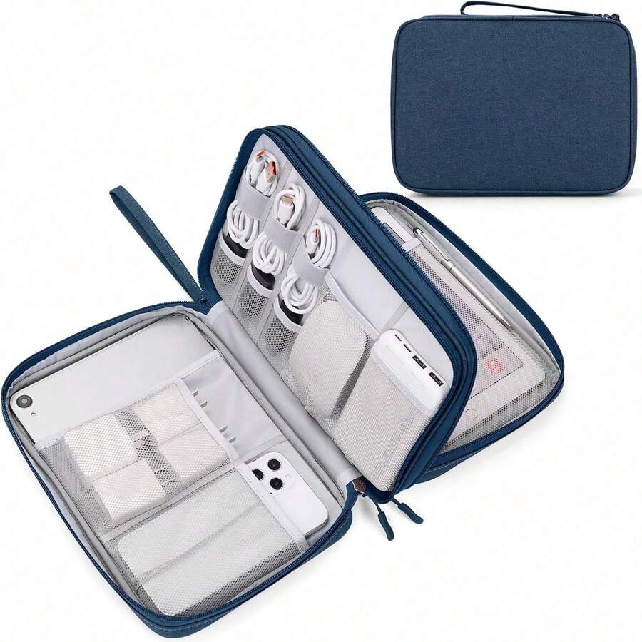 Travel Organizer Pouch Electronic Accessories Carry Portable Waterproof Double Layers All-In-One Storage Bag Cord, Phone, Earphone - 藍色 - 查看 1