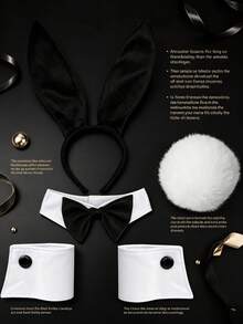 4件套兔耳朵头箍，女士兔女郎服装套装，带绒球尾巴、领结，性感兔女郎套装，兔耳朵头箍，角色扮演服装，兔女郎角色扮演道具 - 彩色 - 查看 5