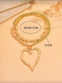 Vintage Gold Layered Large Heart Pendant Necklace For Women Y2K Chunky Cuban Link Chain Necklace Summer Party Jewelry - Gold - View 2