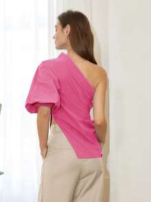 Summer Fashion Solid Color Side Slit One Shoulder Blouse Pink - Pink - View 3