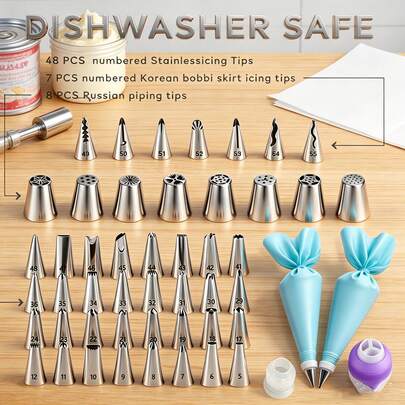 Bộ 63 đầu phun trang trí bằng thép không gỉ: 48 kiểu hoa cổ điển + 7 kiểu viền xếp nếp Hàn Quốc + 8 kiểu hoa 3D Nga, dụng cụ thiết yếu cho thợ làm bánh chuyên nghiệp.