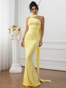 Off-Shoulder Ruffle Mermaid Maxi Dress, Elegant Sleeveless High Neck Fitted Evening Gown With Pleated Design, Suitable For Wedding Guests, Parties, Galas - Yellow - View 6