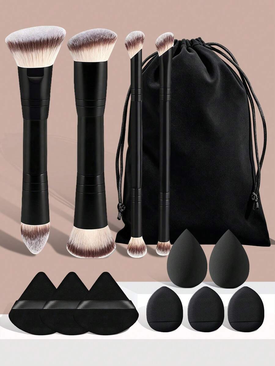 13pcs YZIMENG Makeup Brush Set - 4pcs Double-Ended Professional Makeup Brushes + 8pcs Different Shape Makeup Sponges + Storage Bag, Soft Brush Set Includes Face, Eye, Eyebrow, Blush, Highlighter Brushes, Portable Travel Makeup Tools Brand, Perfect For Women/Girls, Ideal For Birthday, Mother's Day, Holiday Party, Best Color - Black - View 1