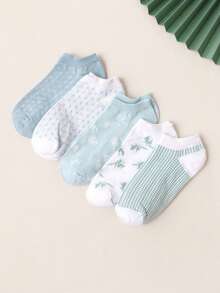 1/5 Pairs Women's Multicolor No Show Socks, Green Plaid, White, Refreshing Fashion Minimalist Versatile Soft Comfortable Moisture-Wicking, Suitable For Party Outfits, Spring/Summer - Multicolor - View 1