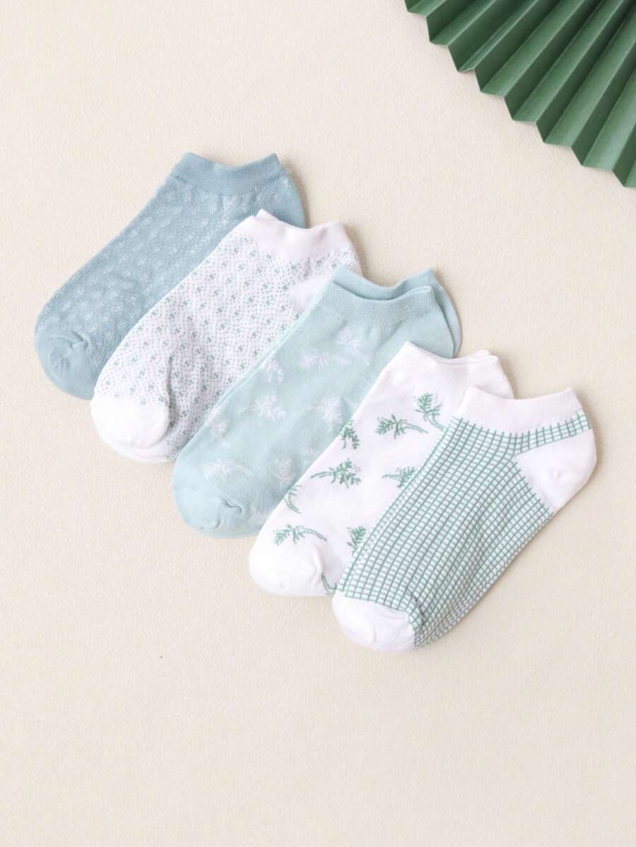 1/5 Pairs Women's Multicolor No Show Socks, Green Plaid, White, Refreshing Fashion Minimalist Versatile Soft Comfortable Moisture-Wicking, Suitable For Party Outfits, Spring/Summer - Multicolor - View 1