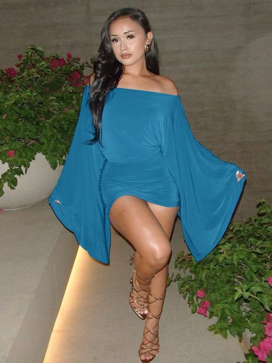 Women's Solid Color Elegant Off Shoulder Casual Formal Evening Party Wedding Holiday Mini Dress, Spring/Summer - 藍色 - 查看 1