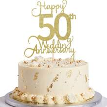 1件裝亮金色50週年結婚紀念蛋糕插牌，優雅50年婚姻慶祝蛋糕裝飾，金禧派對用品，浪漫週年紀念蛋糕裝飾 - 50週年 - 查看 2