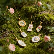 不锈钢镀金珐琅花卉吊坠项链，防水复古花朵饰品，低过敏性植物首饰，女士款 - 金色 - 查看 2