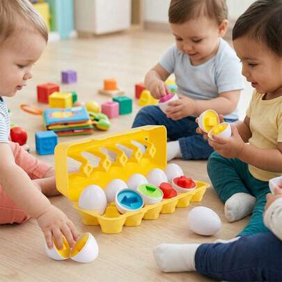 12件/6件套蒙特梭利几何蛋，学前教育配对拼图玩具，精细动作技能玩具，颜色和形状早期学习玩具，STEM教育玩具（颜色和形状随机）