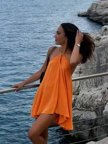 女士夏季度假优雅百搭纯绿色宽松露背系带休闲连衣裙派对 - 亮橙色 - 查看 9