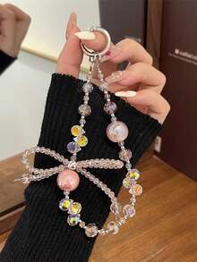 手工水晶蝴蝶结串珠腕带，耐用手机挂绳，优雅户外携带链 - 彩色 - 查看 15