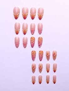 24 Peças Adesivos de Unhas 3D com Formato de Amêndoa Médio-Longo, Apresentando Esquema de Cores do Pôr do Sol Tropical, Algumas Unhas Possuem Designs Florais Elevados com Detalhes de Pérola Falsa, Design de "Unha de Concha" Texturizado para Interesse Tátil e Visual Adicional, Inclui 1 Peça de Gel de Gelatina e 1 Lixa de Unha, Adequado para Mulheres e Meninas para Uso Diário, Festas e Outras Ocasiões - Multicolorido - Visão 2