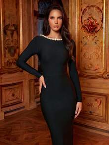 Rochie de seară nouă pentru femei, neagră, de lux, cu perle, cu mânecă lungă, fără spate, ajustată, pentru petrecere de ziua de naștere, rochie de seară formală pentru petrecere de gală pentru femei - Negru - Vizualizare 2