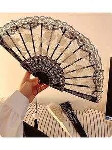 1pc Decorative Folding Fan, Vintage Lace Folding Fan, Black Embroidered Rose Hollow Lace Tassel Pendant, Portable Home Decor, Hanfu Lolita Outfit, Photography Prop, Wedding Party Decor - Lace Fan - View 2