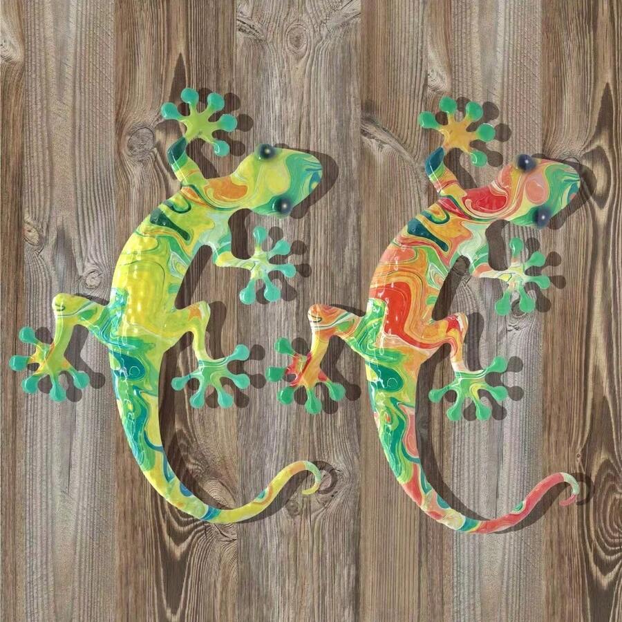 2pcs Colorful Metal Gecko Wall Decor, Suitable For Garden, Yard, Living Room, Bedroom, Patio, Balcony, No Electricity Needed, Outdoor Fence Art Decoration, Ideal Gift For Family And Friends - 2 Geckos - View 1