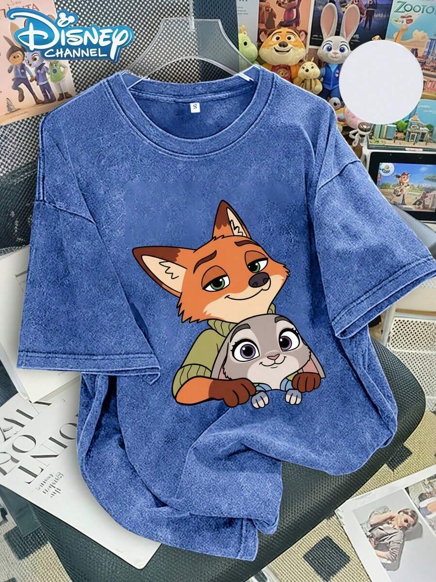 230g Washed T-Shirt, Disney Zootopia Nick Judy Print, High-Quality Batik Cotton Retro Fashion Brand T-Shirt, Suitable For Everyday Wear T-Shirts, Outdoor Holiday Sports, Cartoons, Gifts For Friends. - Xanh đậm - Xem 1
