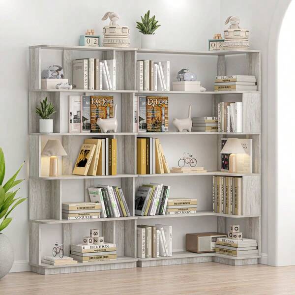 90 Cm Space Saving Corner Bookshelf + 80 Cm Bookcase Extendable Free Combination Set Of 2 Display Shelf Light Grey Color And Other 4 Colors For Option Freely Combined And Matched Furniture