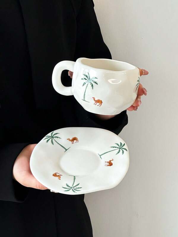 1 Set Green Palm Tree & Camel Ceramic Coffee Cup & Saucer, European Retro Ceramic Cup & Saucer, Coffee Cup & Saucer, Afternoon Tea Cup & Saucer, Household Ceramic Cup, Mug, Juice Cup, Milk Cup, Water Cup, High-Quality Office Cup & Saucer, Gift Cup & Saucer, Birthday Gift Cup, Drinkware, Cup & Saucer