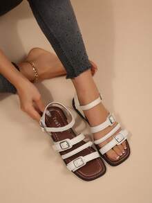 Nya retro romerska sandaler med fyrkantig tå för kvinnor, justerbara med flera remmar, mångsidiga för pendling, semester och fritidskläder - Vitt - Visa 2