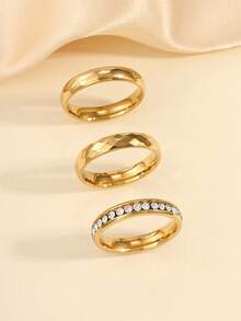 3pcs Stainless Steel Fashion Minimalist Golden Rings, Inlaid With White Rhinestones, Suitable For Women's Daily Wear Or As Gifts - Yellow Gold - View 7