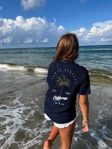 Compatible With Women's Holiday-Style Short-Sleeved T-Shirts, With Round Neck, Palm Tree Print And Lettering, In White, Pink And Black For Summer. - Navy Blue - View 4