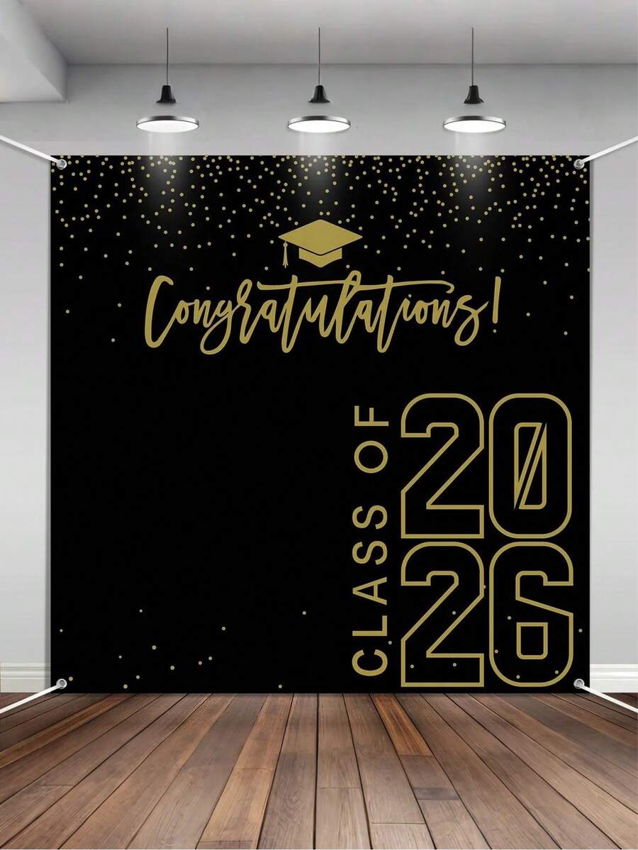 1件2026毕业季背景布,黑金配色,祝贺毕业,涤纶材质,适用于高中/大学毕业派对拍照背景装饰 - 2026黑色背景布 - 查看 1