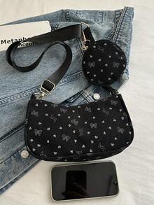 Set de 2 piezas/bolso bandolera con estampado de flores de cerezo, bolso cuadrado mini con estampado geométrico para el Día de San Valentín con monedero, bolso cuadrado con estampado vintage completo - Negro - Ver 3