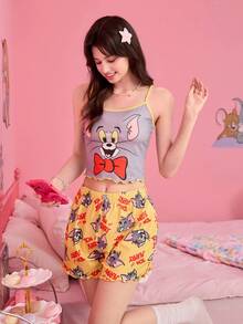 Noctvar OBM Sleepwear X TOM & JERRY 2件套女士可爱猫鼠卡通吊带背心和短裤套装，舒适透气，适合室内外穿着 - 彩色 - 查看 4