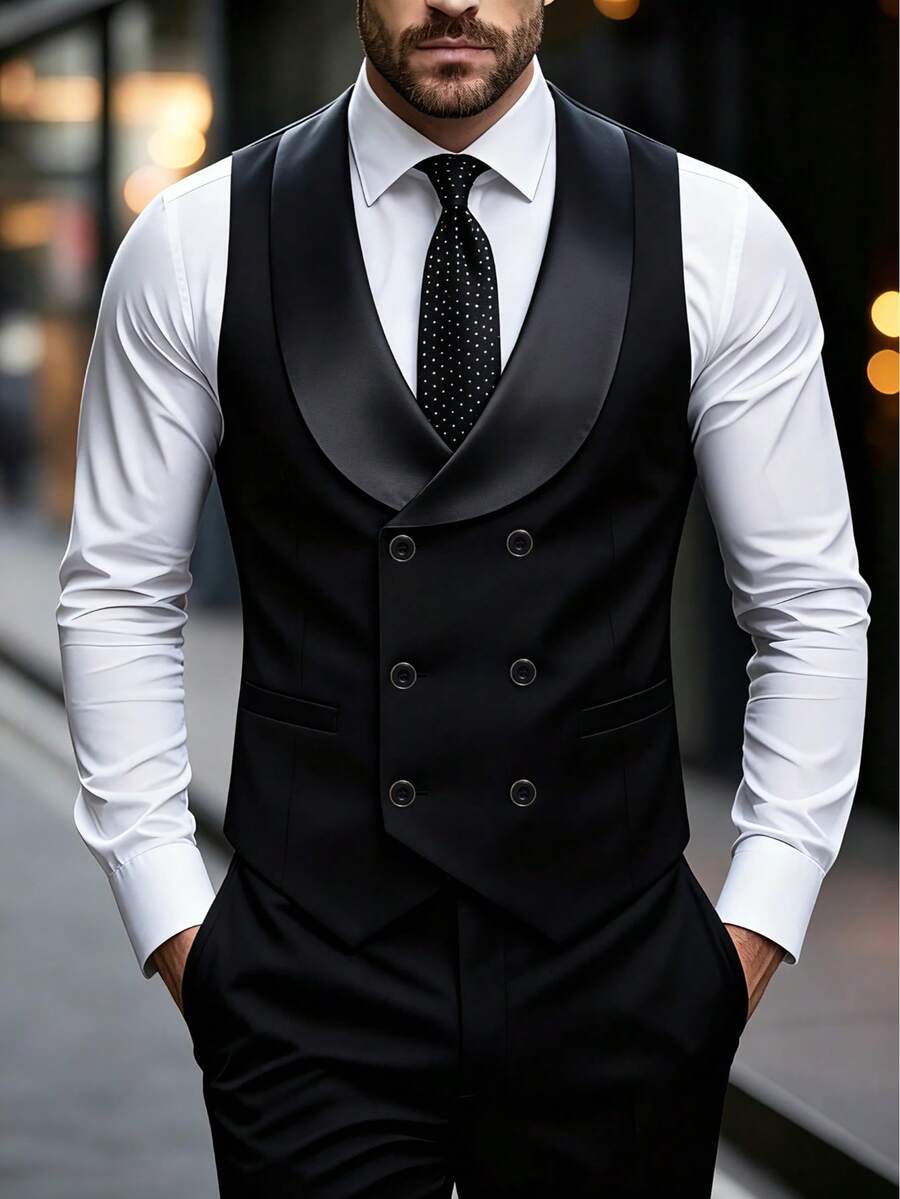 Men's Solid Color Slim Fit Casual Business Suit Vest - Black - View 1