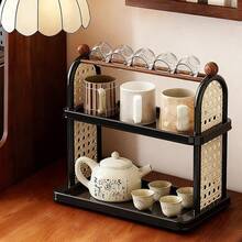 Two-Layer Modern-Style Black Plastic Cup Storage Rack With Detachable Upper Shelf, Tea Set Organizer, Draining Rack, Desktop Storage Shelf, Easy-To-Clean Organizer, Desktop Decoration, Jewelry Display Stand, Cosmetics Storage Rack, Coffee And Coffee Cup Display Stand, Suitable For All Types Of Cups. - 黑色 - 查看 2