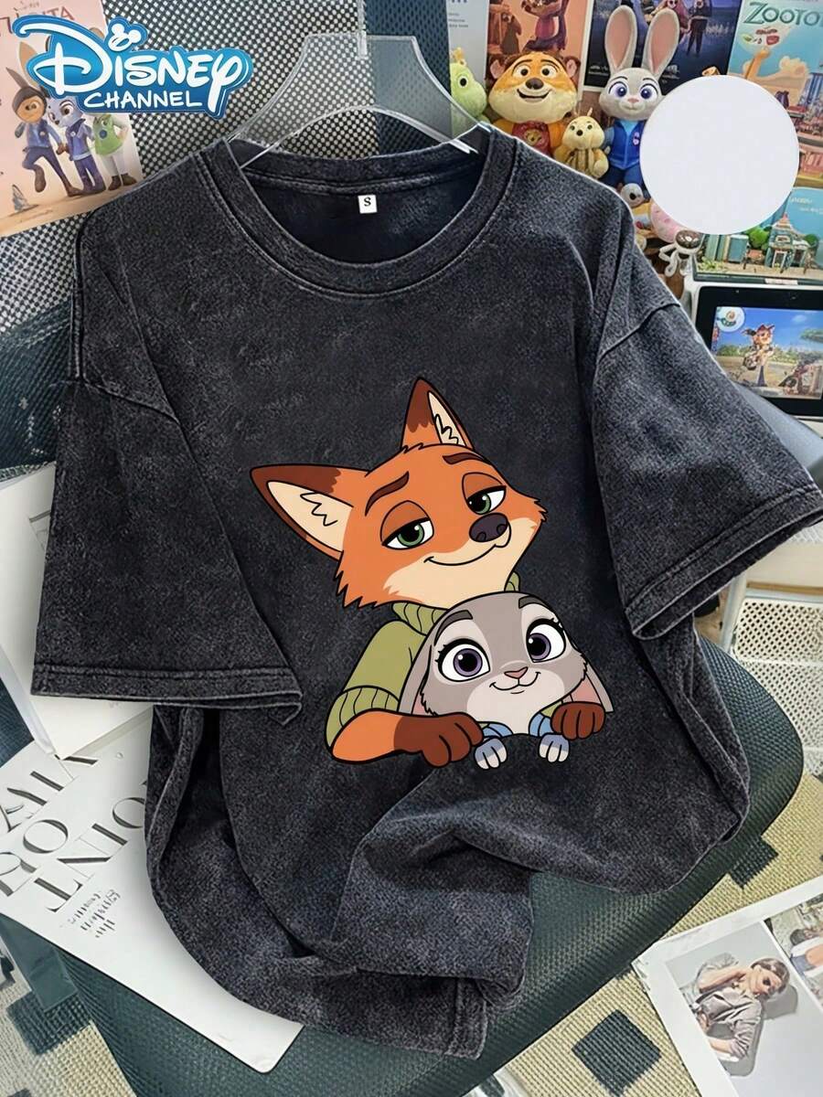 230g Washed T-Shirt, Disney Zootopia Nick Judy Print, High-Quality Batik Cotton Retro Fashion Brand T-Shirt, Suitable For Everyday Wear T-Shirts, Outdoor Holiday Sports, Cartoons, Gifts For Friends. - 黑色 - 查看 1