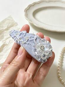 1pc Elegant Sweet 3D Embroidered Small Blue Flower Crystal Floral Hair Clip, Niche Design New Arrival - Multicolor - View 7