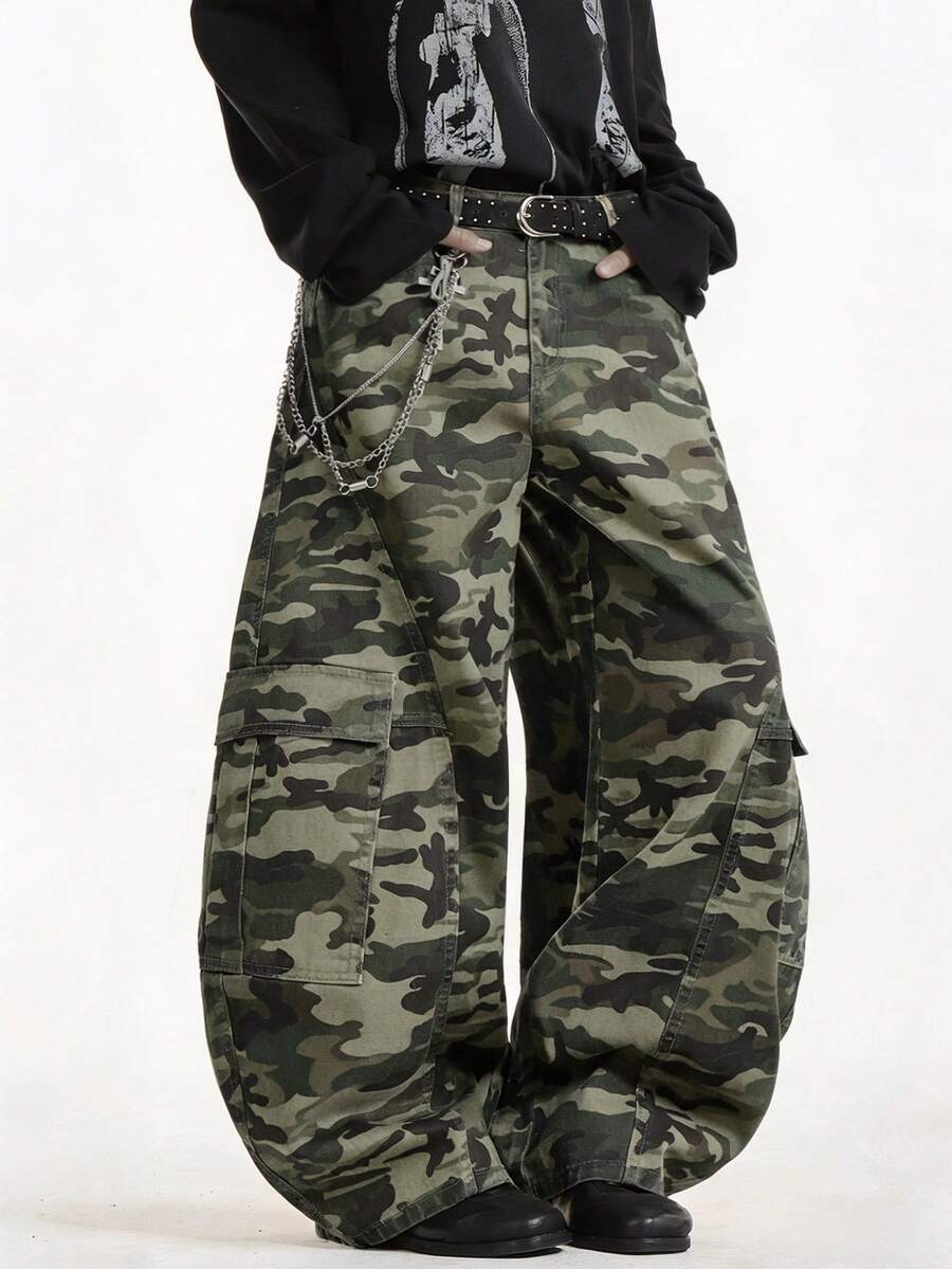 1 chiếc quần cargo denim kiểu Mỹ cổ điển Justice Brother, thiết kế chắp vá, chất liệu denim mài, dáng rộng thoải mái (không bao gồm thắt lưng và phụ kiện) - màu xanh lá - Xem 1