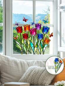 1pc Cartoon Colorful Stained Glass Tulip & Butterfly Window Sticker, Balcony Glass Window Decor - Tulip Butterfly Window Stickers - View 6